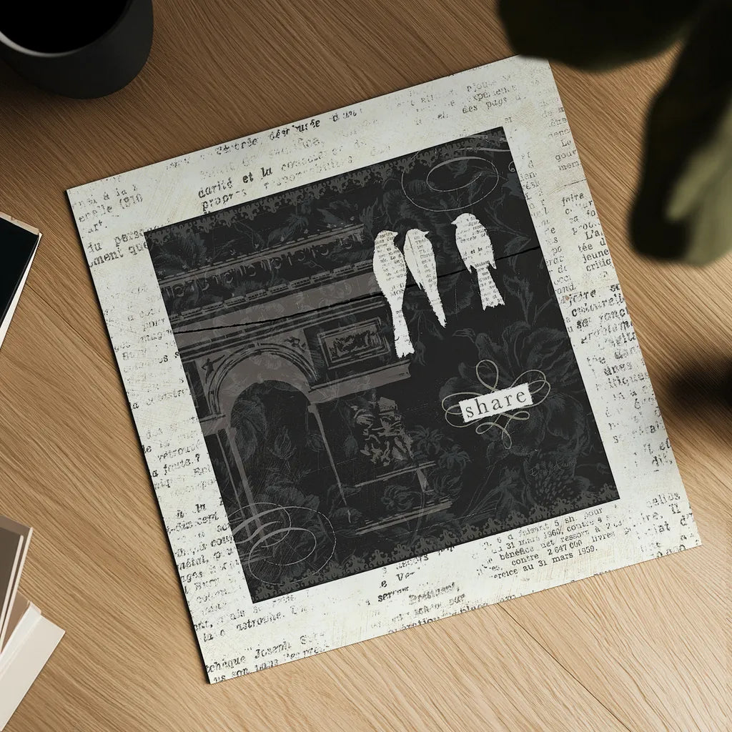 Love Paris II with Border by Emily Adams. Shown as a detailed flat fine art print, highlighting archival giclee quality. Available as an archival giclee rolled canvas, fine art paper, or poster print. SKU 13192a.