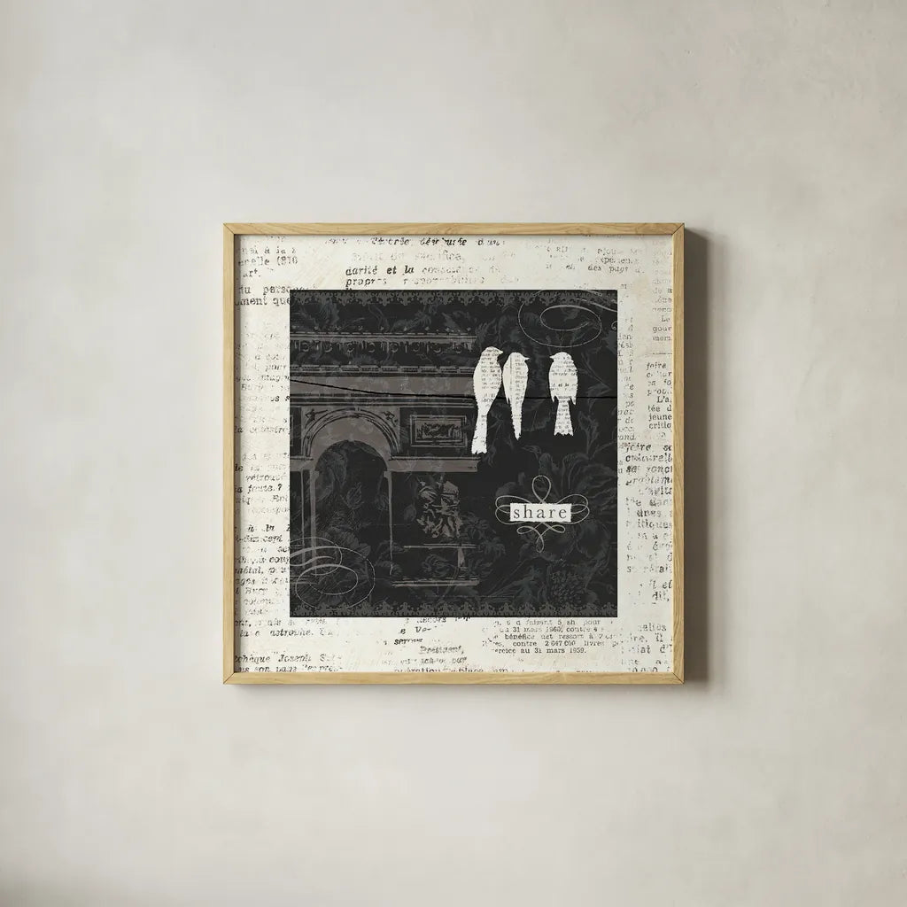 Love Paris II with Border by Emily Adams. Shown in a natural wood glass frame for a timeless modern aesthetic. Available as an archival giclee rolled canvas, fine art paper, or poster print. SKU 13192a.