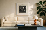 Love Paris II with Border by Emily Adams. Displayed in a glass frame with matte in a clean modern living room. Available as an archival giclee rolled canvas, fine art paper, or poster print. SKU 13192a.