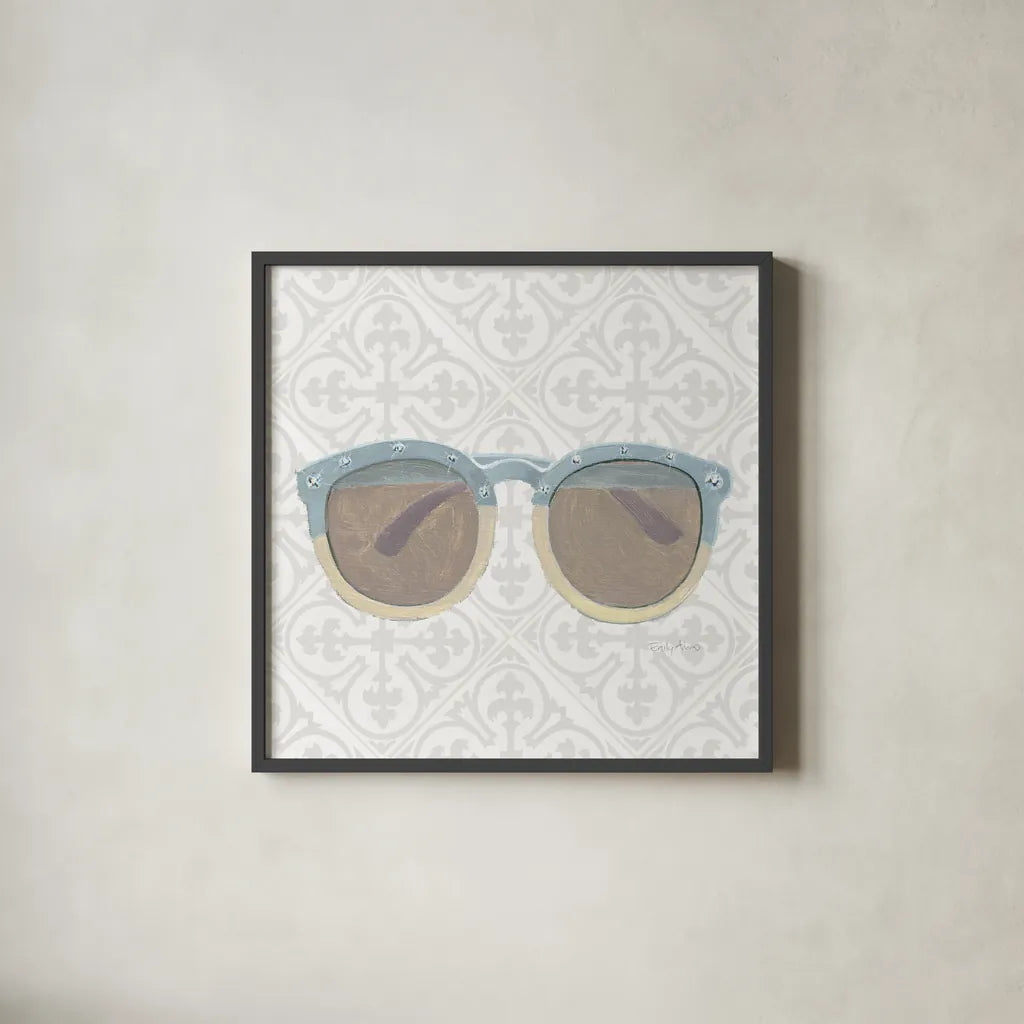 Must Have Fashion I Gray White by Emily Adams. Shown in a sleek black glass frame for a contemporary gallery look. Available as an archival giclee rolled canvas, fine art paper, or poster print. SKU 43085a.