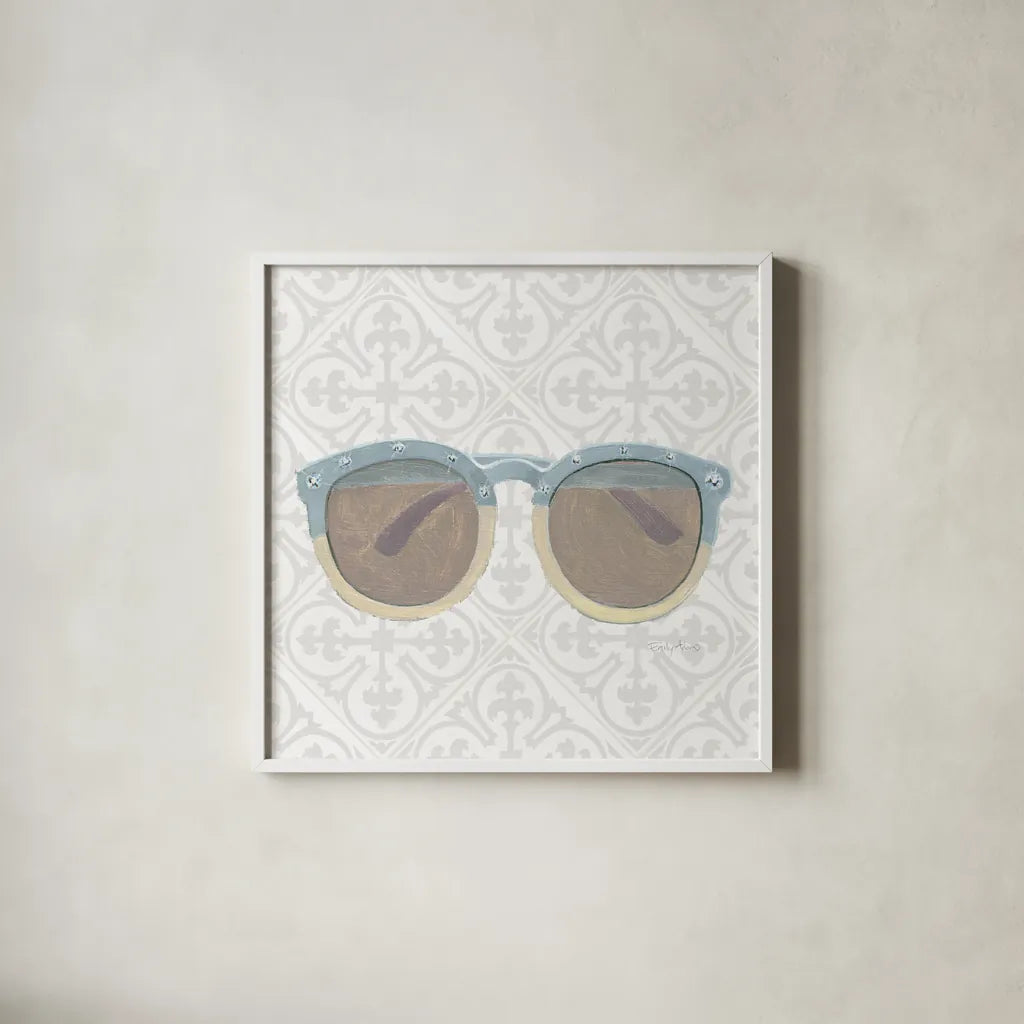 Must Have Fashion I Gray White by Emily Adams. Shown in a crisp white glass frame for a clean and minimalist style. Available as an archival giclee rolled canvas, fine art paper, or poster print. SKU 43085a.