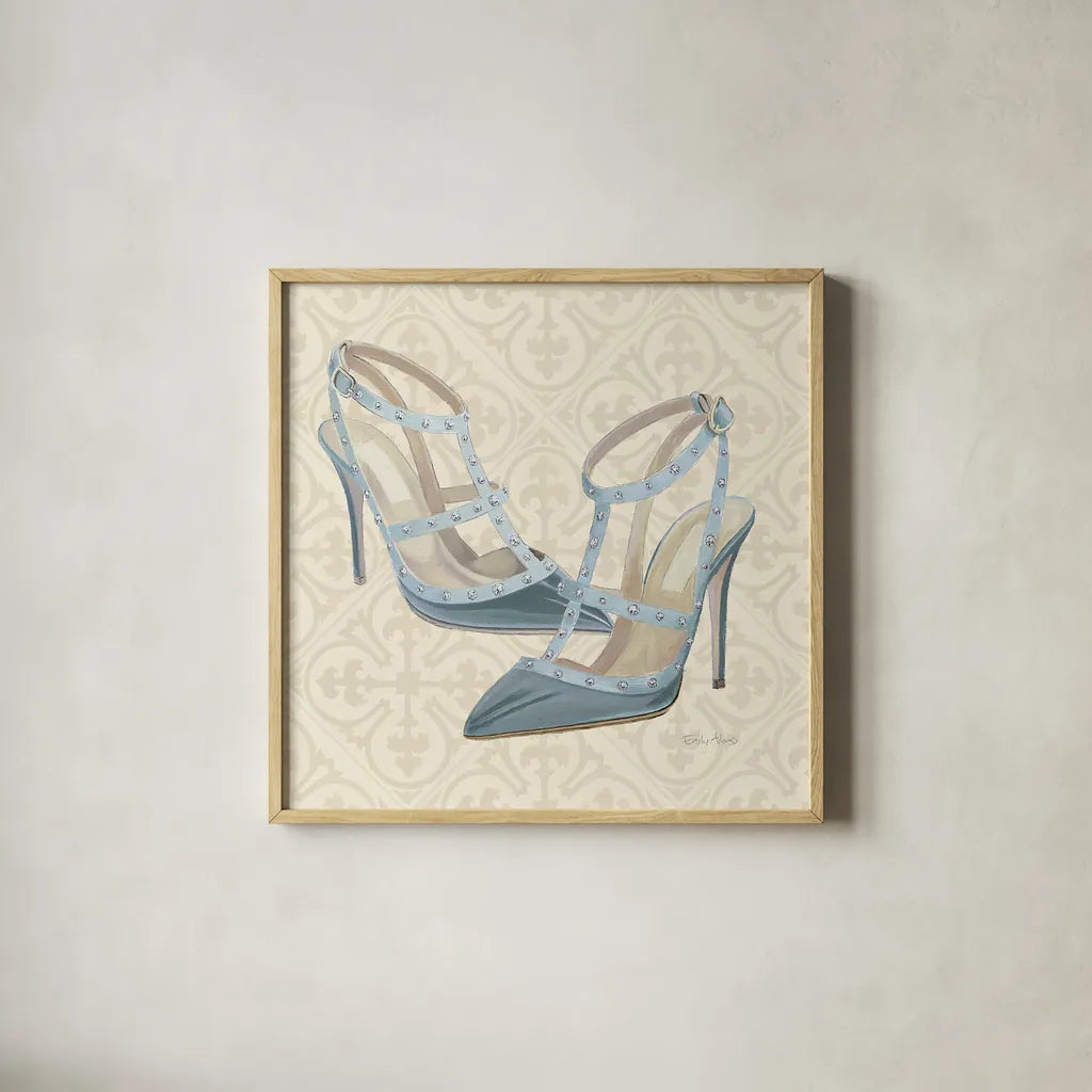 Must Have Fashion II by Emily Adams. Shown in a natural wood glass frame for a timeless modern aesthetic. Available as an archival giclee rolled canvas, fine art paper, or poster print. SKU 42863a.