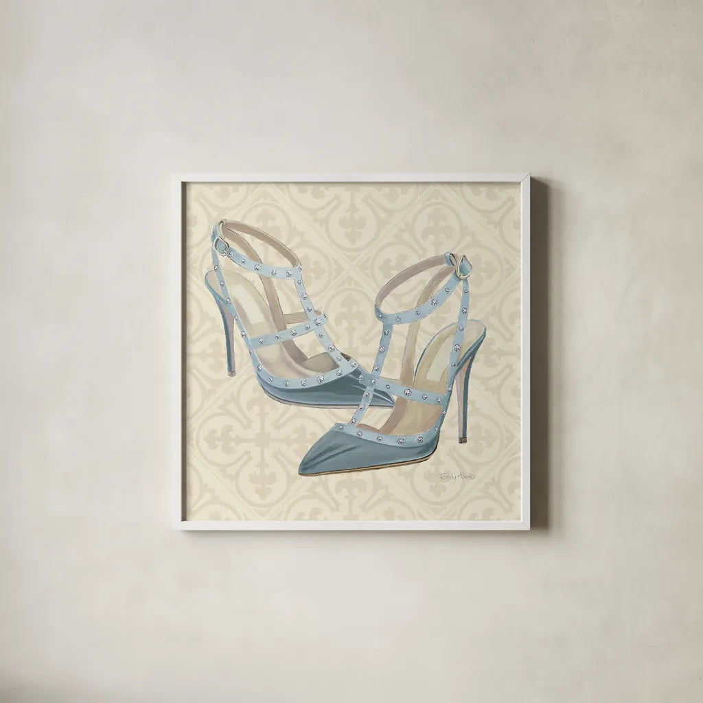 Must Have Fashion II by Emily Adams. Shown in a crisp white glass frame for a clean and minimalist style. Available as an archival giclee rolled canvas, fine art paper, or poster print. SKU 42863a.
