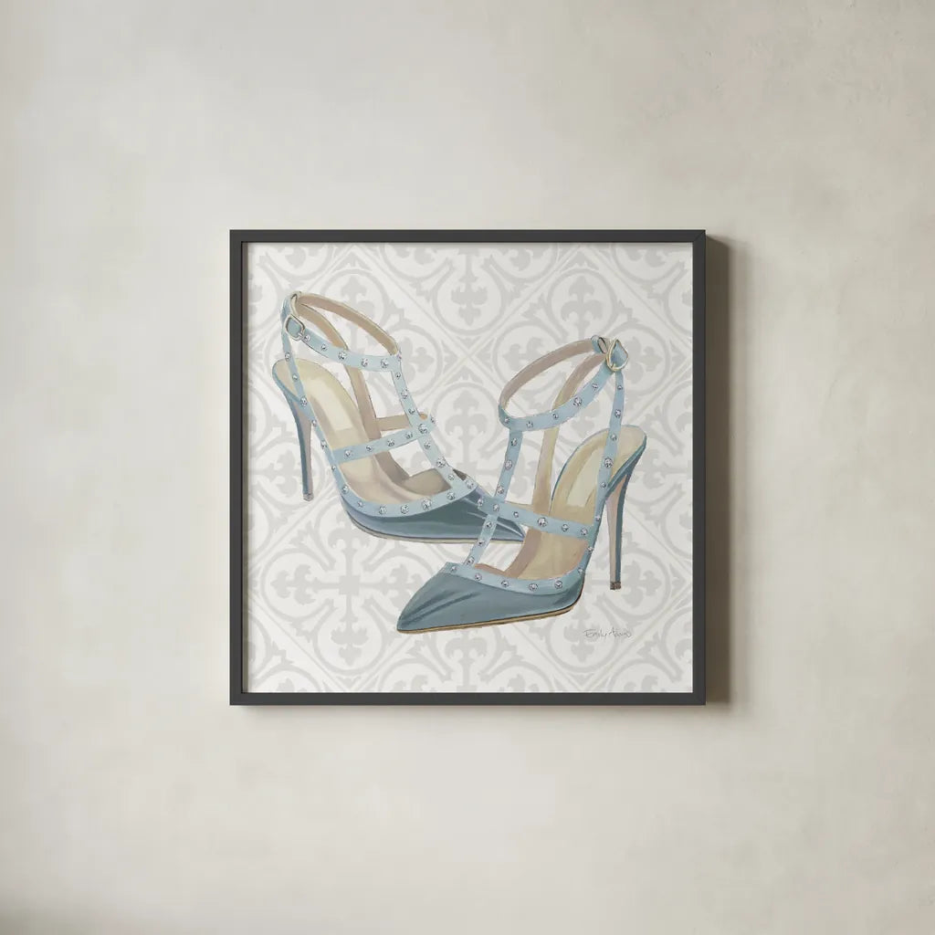 Must Have Fashion II Gray White by Emily Adams. Shown in a sleek black glass frame for a contemporary gallery look. Available as an archival giclee rolled canvas, fine art paper, or poster print. SKU 43086a.