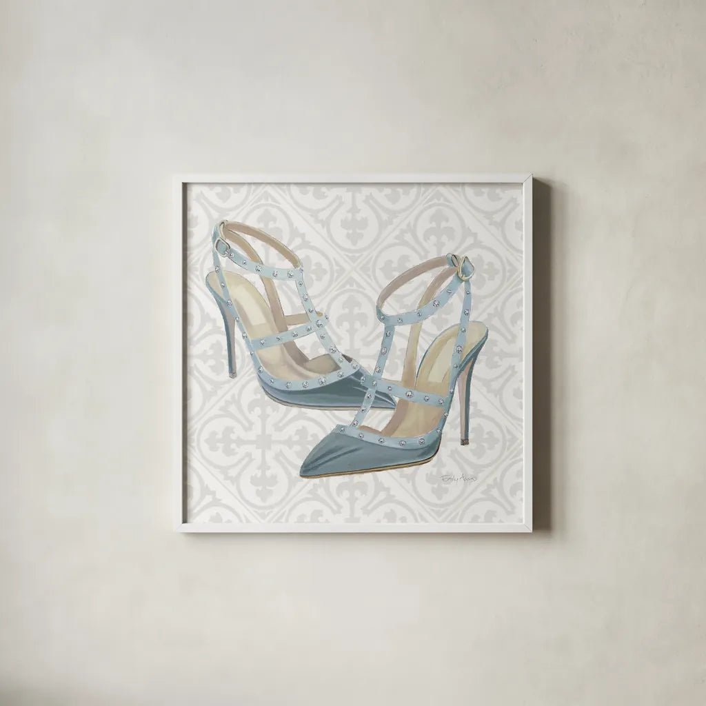 Must Have Fashion II Gray White by Emily Adams. Shown in a crisp white glass frame for a clean and minimalist style. Available as an archival giclee rolled canvas, fine art paper, or poster print. SKU 43086a.