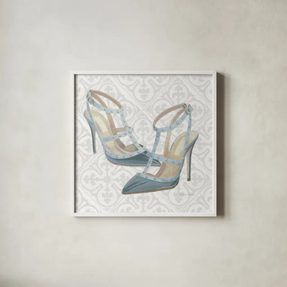 Must Have Fashion II Gray White by Emily Adams. Shown in a crisp white glass frame for a clean and minimalist style. Available as an archival giclee rolled canvas, fine art paper, or poster print. SKU 43086a.