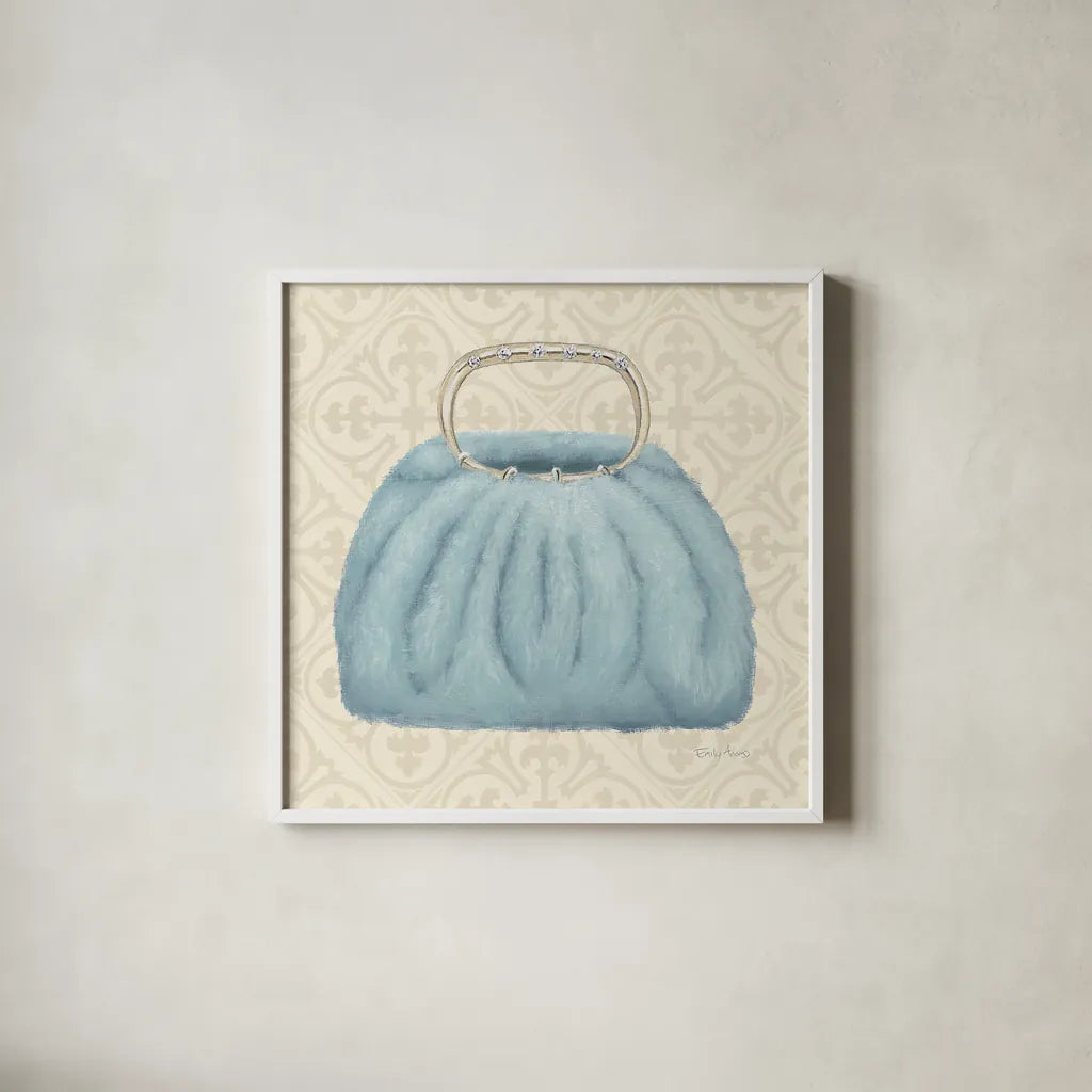 Must Have Fashion III by Emily Adams. Shown in a crisp white glass frame for a clean and minimalist style. Available as an archival giclee rolled canvas, fine art paper, or poster print. SKU 42864a.