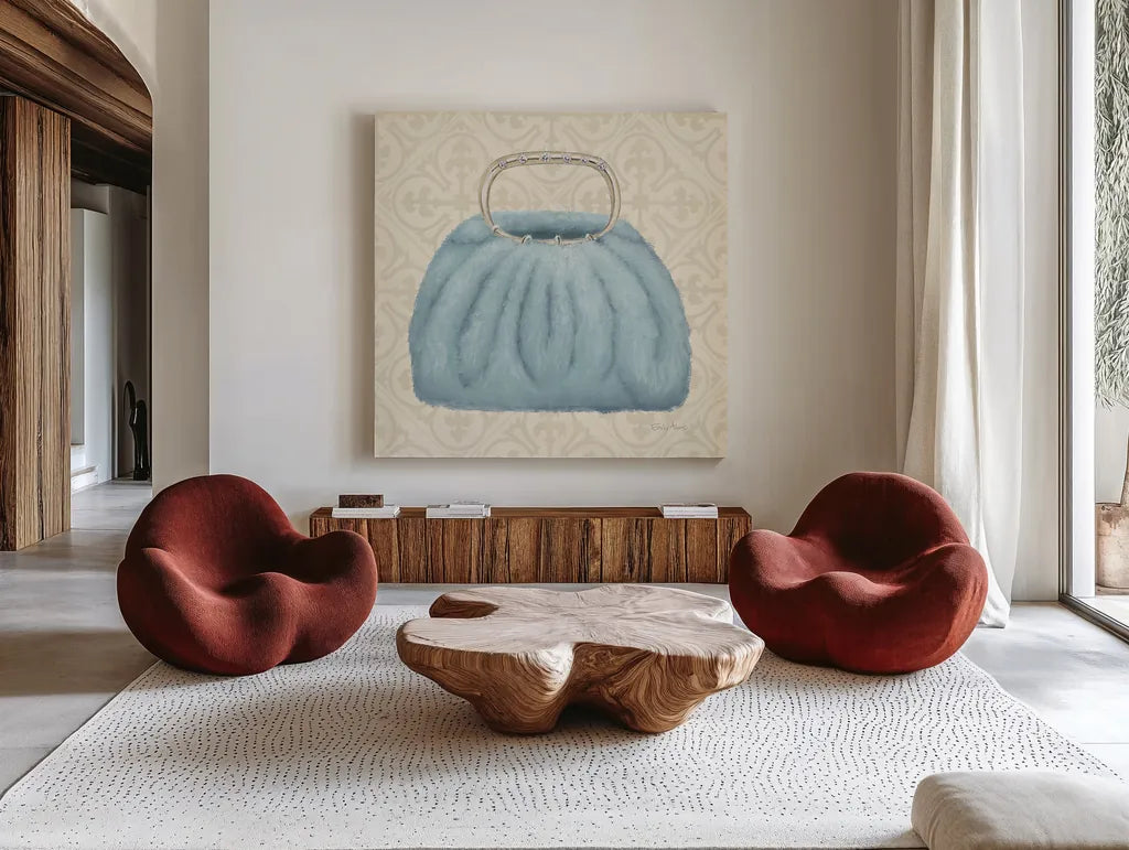 Must Have Fashion III by Emily Adams. Shown as extra-large giant wall art in a modern living room. Available as an archival giclee rolled canvas, fine art paper, or poster print. SKU 42864a.