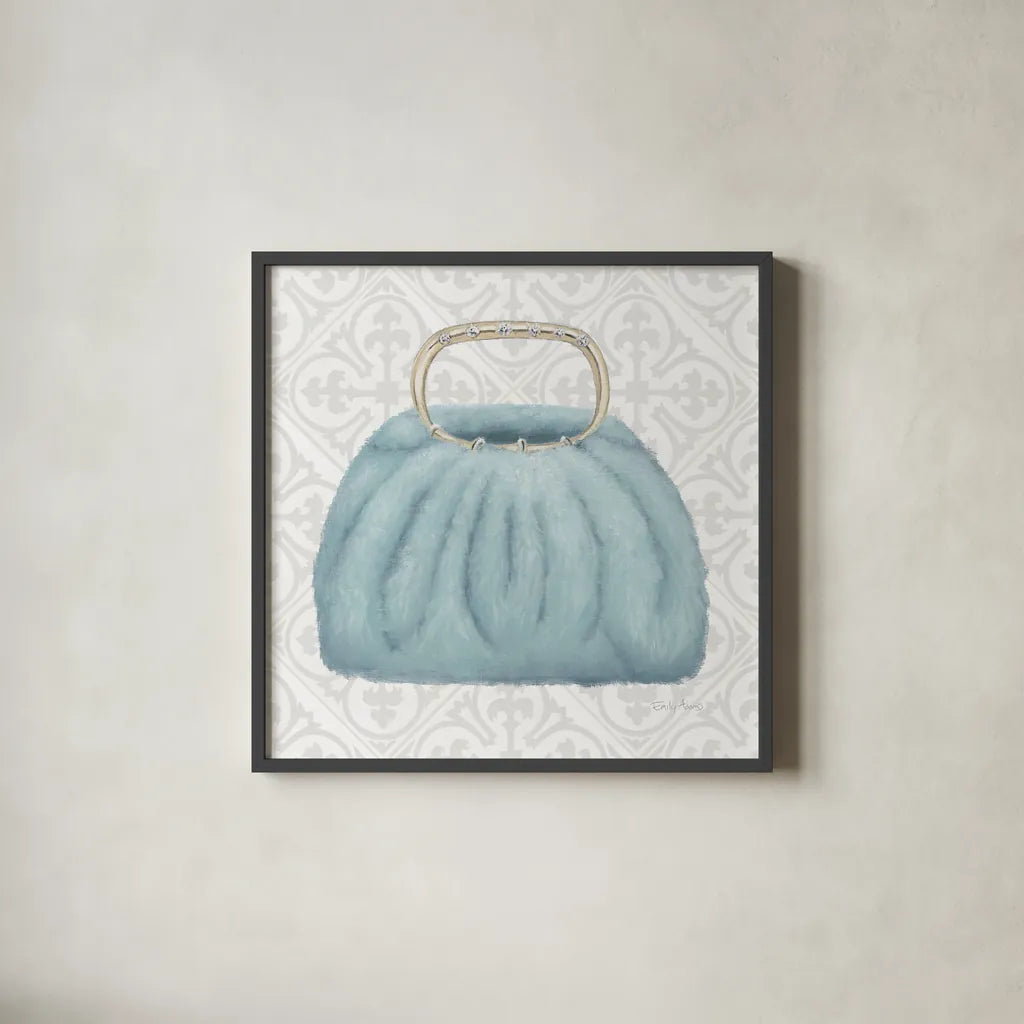 Must Have Fashion III Gray White by Emily Adams. Shown in a sleek black glass frame for a contemporary gallery look. Available as an archival giclee rolled canvas, fine art paper, or poster print. SKU 43087a.