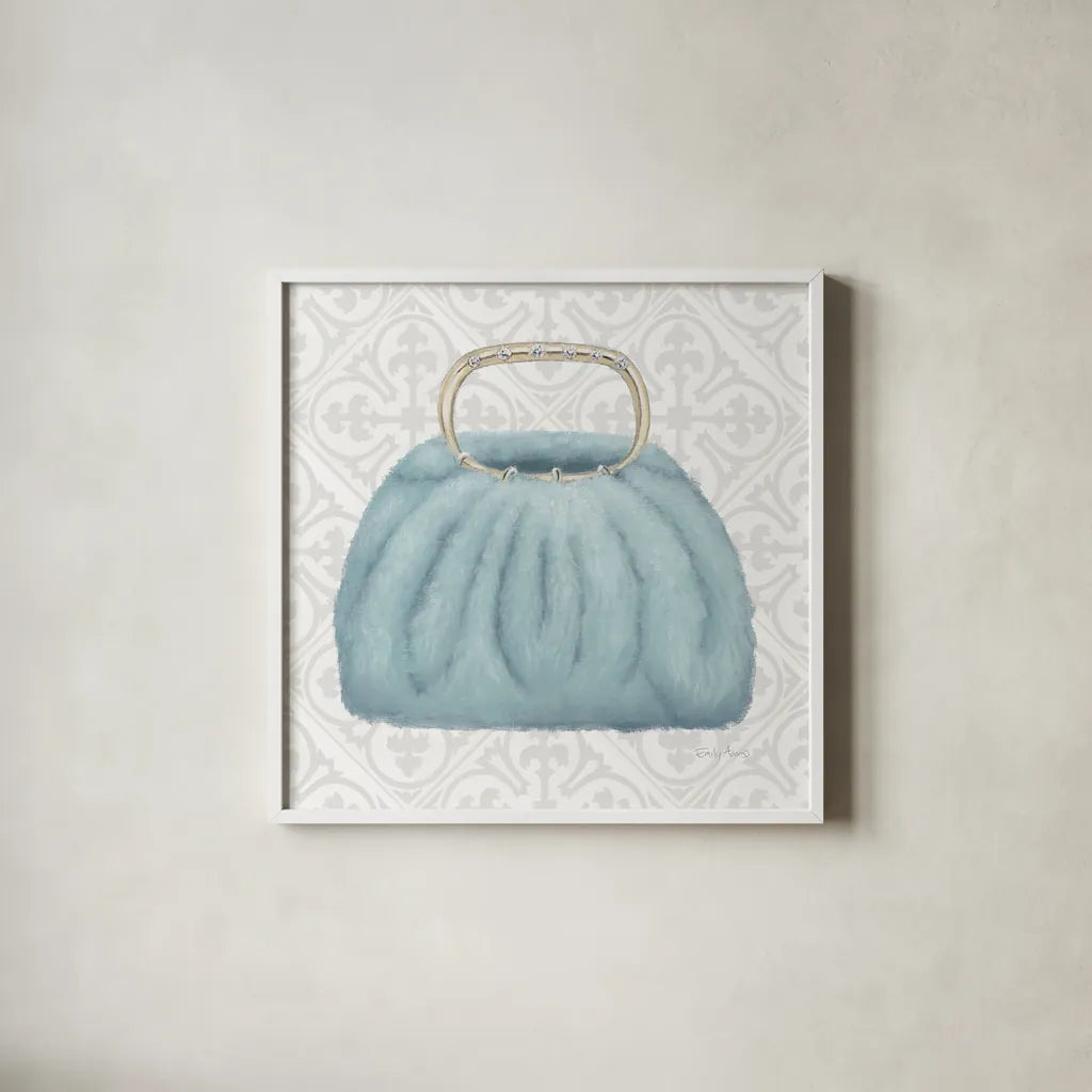 Must Have Fashion III Gray White by Emily Adams. Shown in a crisp white glass frame for a clean and minimalist style. Available as an archival giclee rolled canvas, fine art paper, or poster print. SKU 43087a.