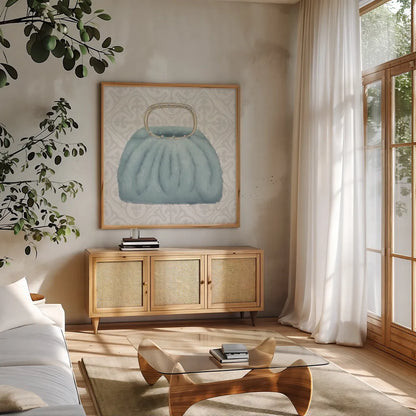 Must Have Fashion III Gray White by Emily Adams. Shown in a natural wood frame in a cozy modern living room. Available as an archival giclee rolled canvas, fine art paper, or poster print. SKU 43087a.