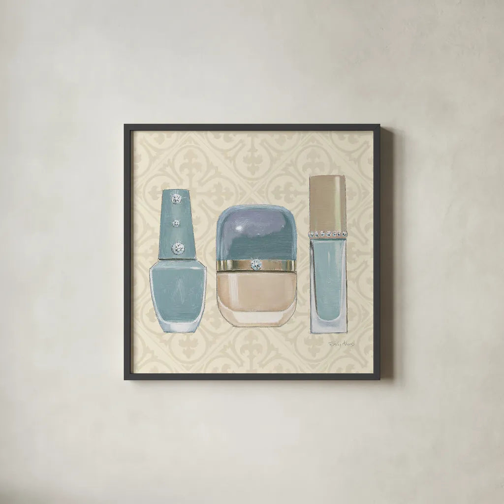 Must Have Fashion IV by Emily Adams. Shown in a sleek black glass frame for a contemporary gallery look. Available as an archival giclee rolled canvas, fine art paper, or poster print. SKU 42865a.