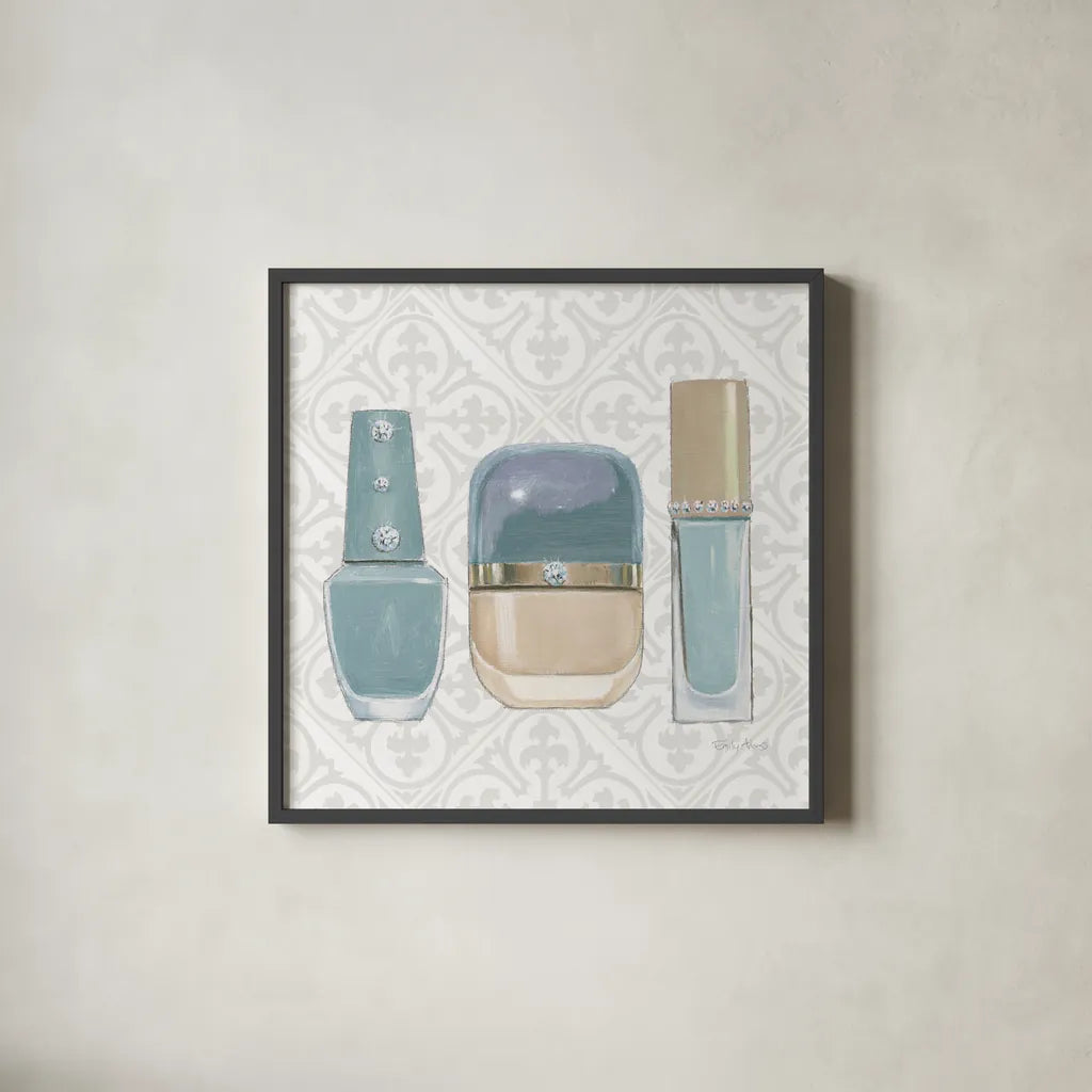 Must Have Fashion IV Gray White by Emily Adams. Shown in a sleek black glass frame for a contemporary gallery look. Available as an archival giclee rolled canvas, fine art paper, or poster print. SKU 43088a.