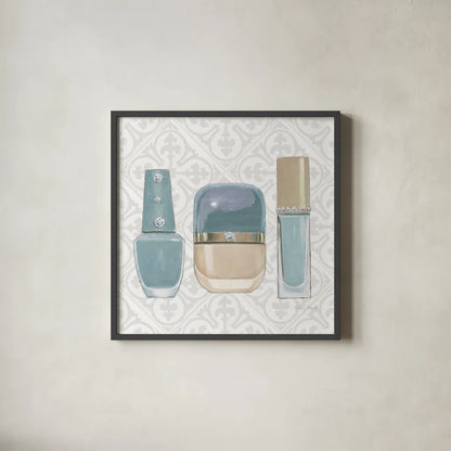 Must Have Fashion IV Gray White by Emily Adams. Shown in a sleek black glass frame for a contemporary gallery look. Available as an archival giclee rolled canvas, fine art paper, or poster print. SKU 43088a.