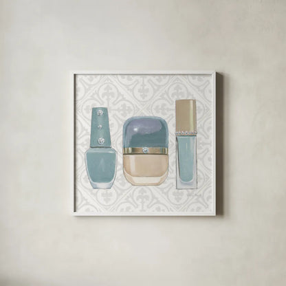 Must Have Fashion IV Gray White by Emily Adams. Shown in a crisp white glass frame for a clean and minimalist style. Available as an archival giclee rolled canvas, fine art paper, or poster print. SKU 43088a.