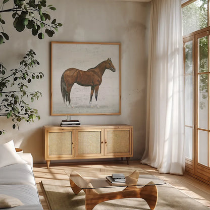Natural Charm I Sq on Wood by Emily Adams. Shown in a natural wood frame in a cozy modern living room. Available as an archival giclee rolled canvas, fine art paper, or poster print. SKU 31280a.