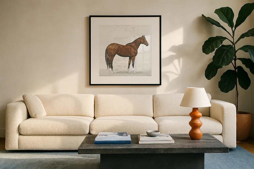 Natural Charm I Sq on Wood by Emily Adams. Displayed in a glass frame with matte in a clean modern living room. Available as an archival giclee rolled canvas, fine art paper, or poster print. SKU 31280a.