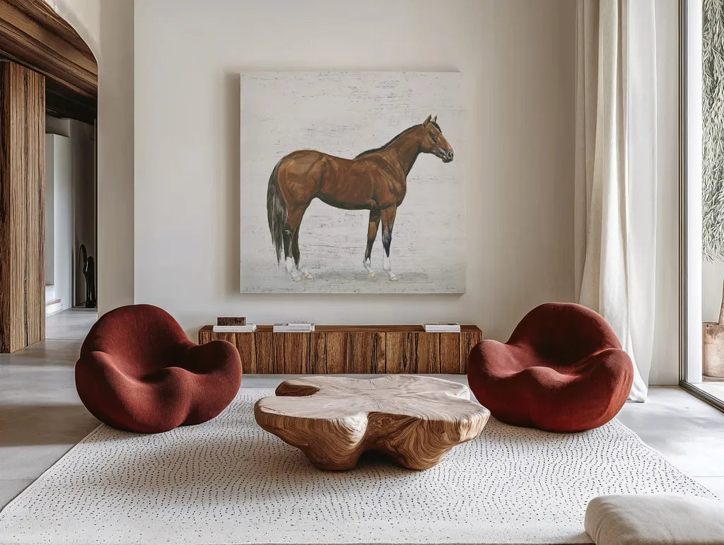 Natural Charm I Sq on Wood by Emily Adams. Shown as extra-large giant wall art in a modern living room. Available as an archival giclee rolled canvas, fine art paper, or poster print. SKU 31280a.