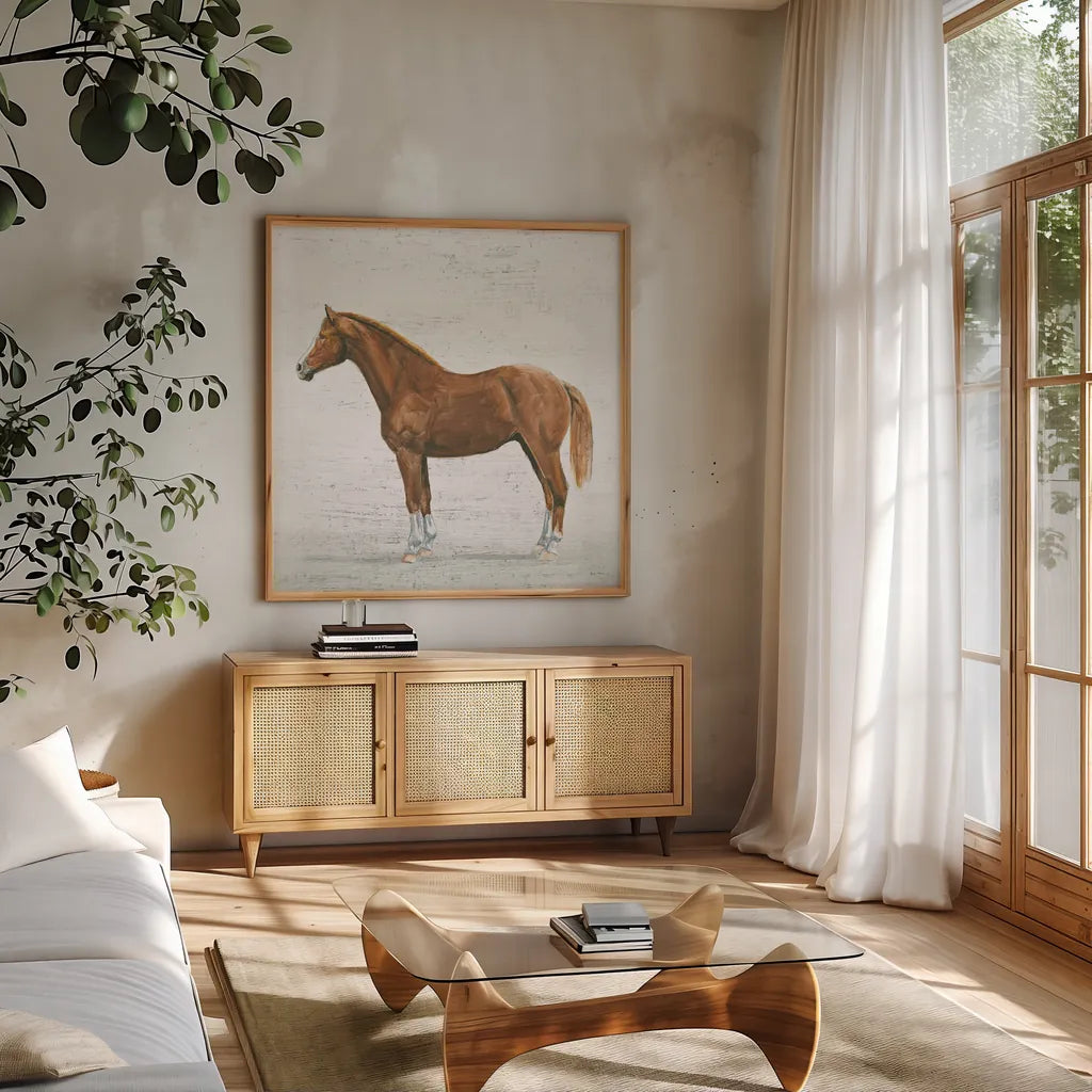 Natural Charm II Sq on Wood by Emily Adams. Shown in a natural wood frame in a cozy modern living room. Available as an archival giclee rolled canvas, fine art paper, or poster print. SKU 31281a.