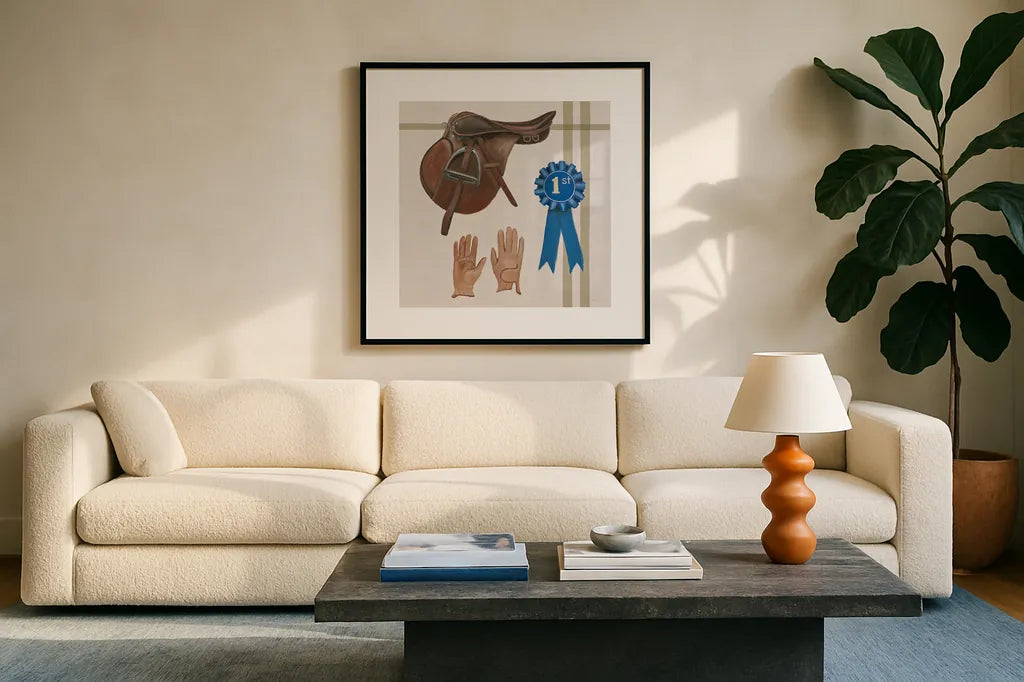 Natural Charm VI by Emily Adams. Displayed in a glass frame with matte in a clean modern living room. Available as an archival giclee rolled canvas, fine art paper, or poster print. SKU 48937a.