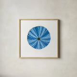 Navy Circular Shell by Emily Adams. Shown in a natural wood glass frame for a timeless modern aesthetic. Available as an archival giclee rolled canvas, fine art paper, or poster print. SKU 23465a.