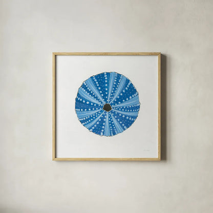 Navy Circular Shell by Emily Adams. Shown in a natural wood glass frame for a timeless modern aesthetic. Available as an archival giclee rolled canvas, fine art paper, or poster print. SKU 23465a.