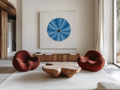 Navy Circular Shell by Emily Adams. Shown as extra-large giant wall art in a modern living room. Available as an archival giclee rolled canvas, fine art paper, or poster print. SKU 23465a.