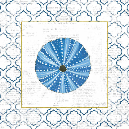 Navy Circular Shell on Newsprint with Gold by Emily Adams. SKU 23562a. Archival Giclee Fine art print for wall decor.