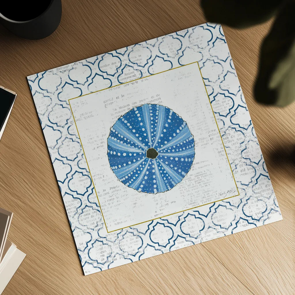 Navy Circular Shell on Newsprint with Gold by Emily Adams. Shown as a detailed flat fine art print, highlighting archival giclee quality. Available as an archival giclee rolled canvas, fine art paper, or poster print. SKU 23562a.