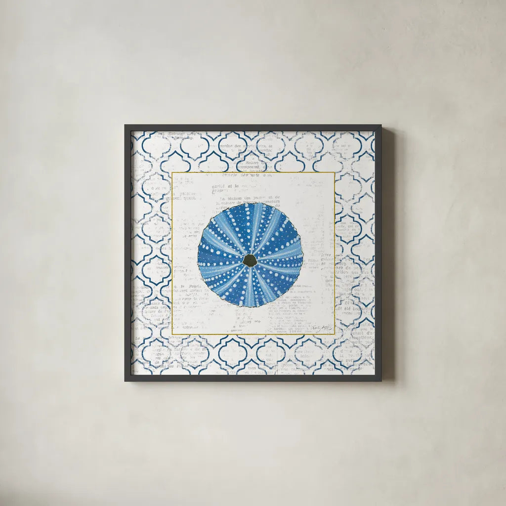 Navy Circular Shell on Newsprint with Gold by Emily Adams. Shown in a sleek black glass frame for a contemporary gallery look. Available as an archival giclee rolled canvas, fine art paper, or poster print. SKU 23562a.