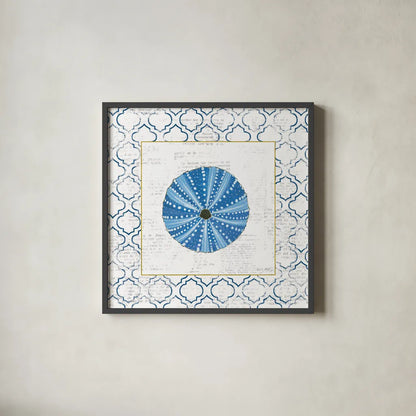 Navy Circular Shell on Newsprint with Gold by Emily Adams. Shown in a sleek black glass frame for a contemporary gallery look. Available as an archival giclee rolled canvas, fine art paper, or poster print. SKU 23562a.