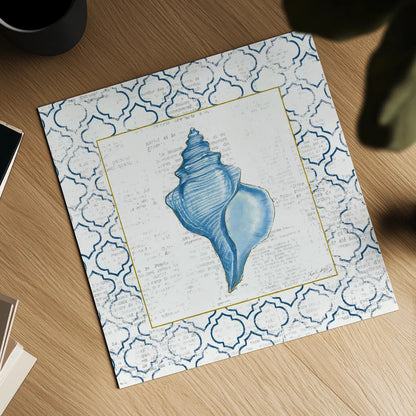 Navy Conch Shell on Newsprint with Gold by Emily Adams. Shown as a detailed flat fine art print, highlighting archival giclee quality. Available as an archival giclee rolled canvas, fine art paper, or poster print. SKU 23558a.