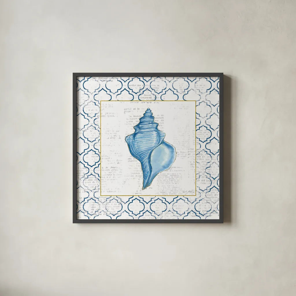 Navy Conch Shell on Newsprint with Gold by Emily Adams. Shown in a sleek black glass frame for a contemporary gallery look. Available as an archival giclee rolled canvas, fine art paper, or poster print. SKU 23558a.