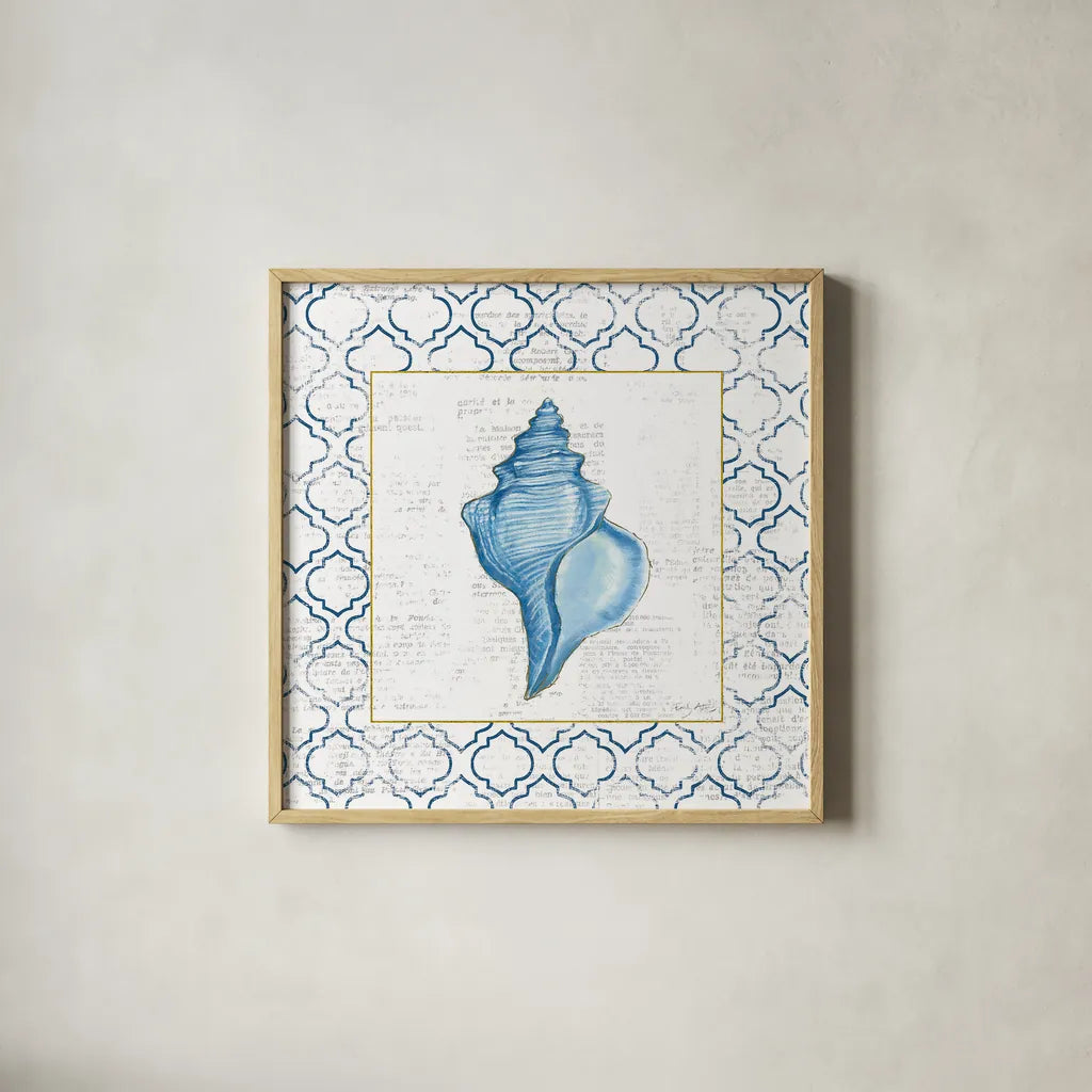 Navy Conch Shell on Newsprint with Gold by Emily Adams. Shown in a natural wood glass frame for a timeless modern aesthetic. Available as an archival giclee rolled canvas, fine art paper, or poster print. SKU 23558a.