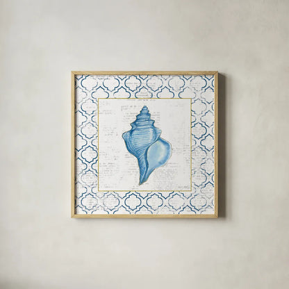 Navy Conch Shell on Newsprint with Gold by Emily Adams. Shown in a natural wood glass frame for a timeless modern aesthetic. Available as an archival giclee rolled canvas, fine art paper, or poster print. SKU 23558a.