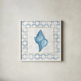 Navy Conch Shell on Newsprint with Gold by Emily Adams. Shown in a crisp white glass frame for a clean and minimalist style. Available as an archival giclee rolled canvas, fine art paper, or poster print. SKU 23558a.
