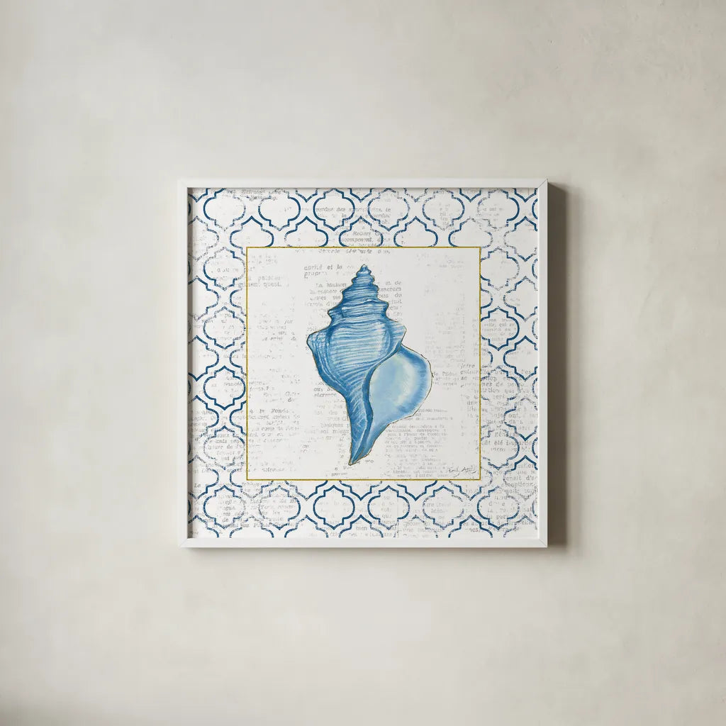 Navy Conch Shell on Newsprint with Gold by Emily Adams. Shown in a crisp white glass frame for a clean and minimalist style. Available as an archival giclee rolled canvas, fine art paper, or poster print. SKU 23558a.