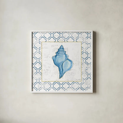 Navy Conch Shell on Newsprint with Gold by Emily Adams. Shown in a crisp white glass frame for a clean and minimalist style. Available as an archival giclee rolled canvas, fine art paper, or poster print. SKU 23558a.