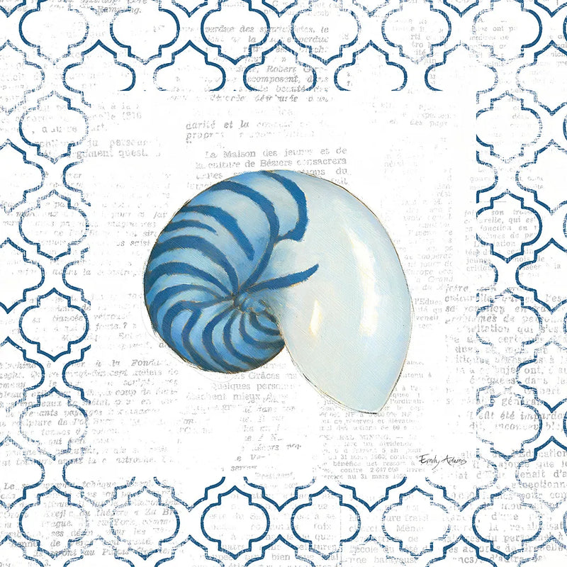 Navy Nautilus Shell on Newsprint by Emily Adams. SKU 23471a. Archival Giclee Fine art print for wall decor.