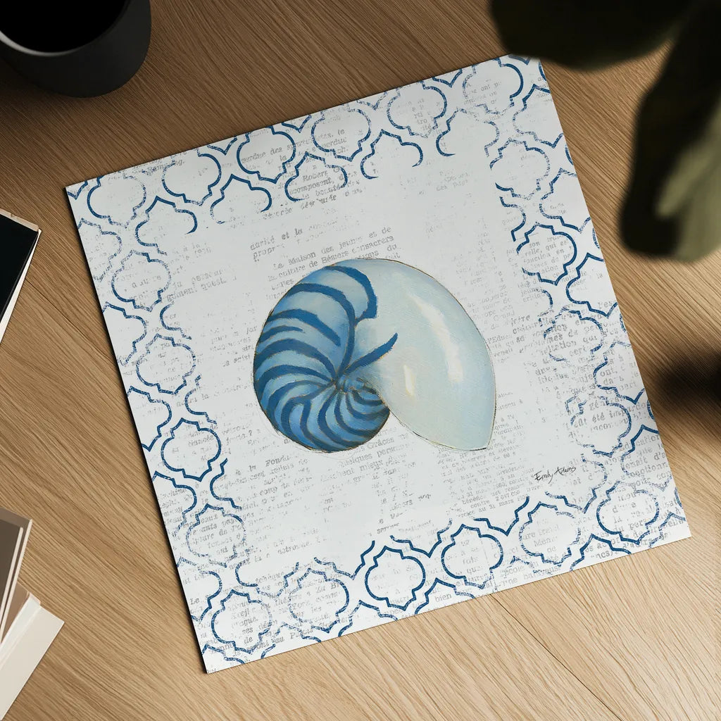 Navy Nautilus Shell on Newsprint by Emily Adams. Shown as a detailed flat fine art print, highlighting archival giclee quality. Available as an archival giclee rolled canvas, fine art paper, or poster print. SKU 23471a.