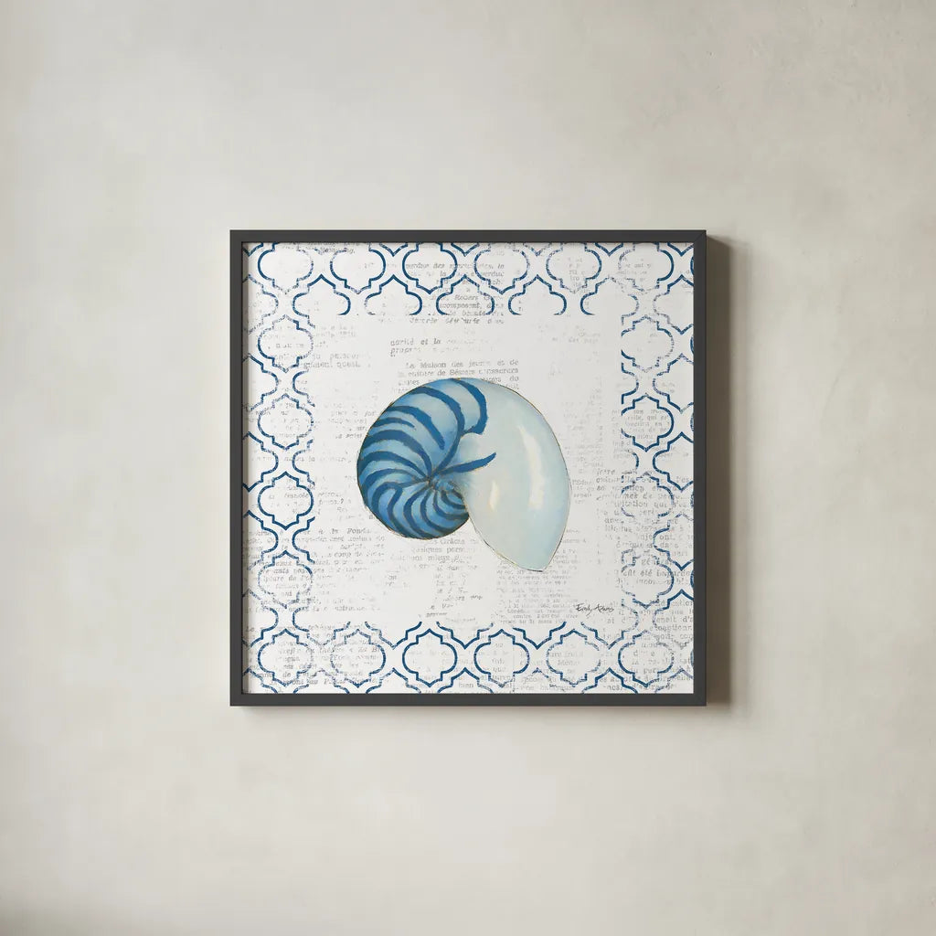 Navy Nautilus Shell on Newsprint by Emily Adams. Shown in a sleek black glass frame for a contemporary gallery look. Available as an archival giclee rolled canvas, fine art paper, or poster print. SKU 23471a.
