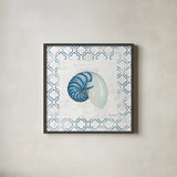 Navy Nautilus Shell on Newsprint by Emily Adams. Shown in a sleek black glass frame for a contemporary gallery look. Available as an archival giclee rolled canvas, fine art paper, or poster print. SKU 23471a.