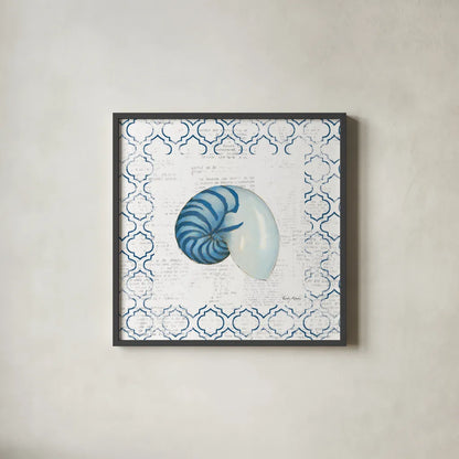 Navy Nautilus Shell on Newsprint by Emily Adams. Shown in a sleek black glass frame for a contemporary gallery look. Available as an archival giclee rolled canvas, fine art paper, or poster print. SKU 23471a.