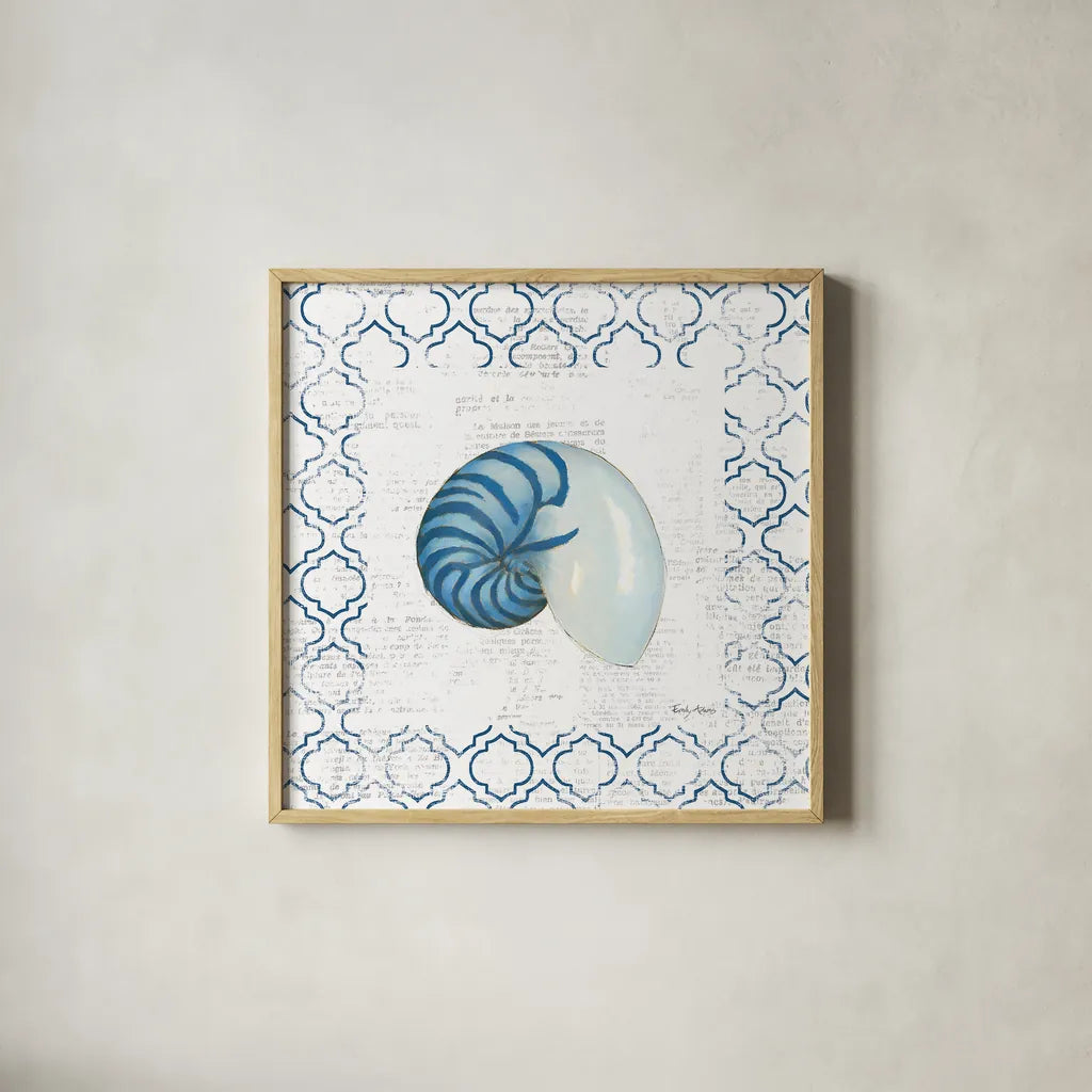 Navy Nautilus Shell on Newsprint by Emily Adams. Shown in a natural wood glass frame for a timeless modern aesthetic. Available as an archival giclee rolled canvas, fine art paper, or poster print. SKU 23471a.