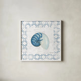 Navy Nautilus Shell on Newsprint by Emily Adams. Shown in a crisp white glass frame for a clean and minimalist style. Available as an archival giclee rolled canvas, fine art paper, or poster print. SKU 23471a.