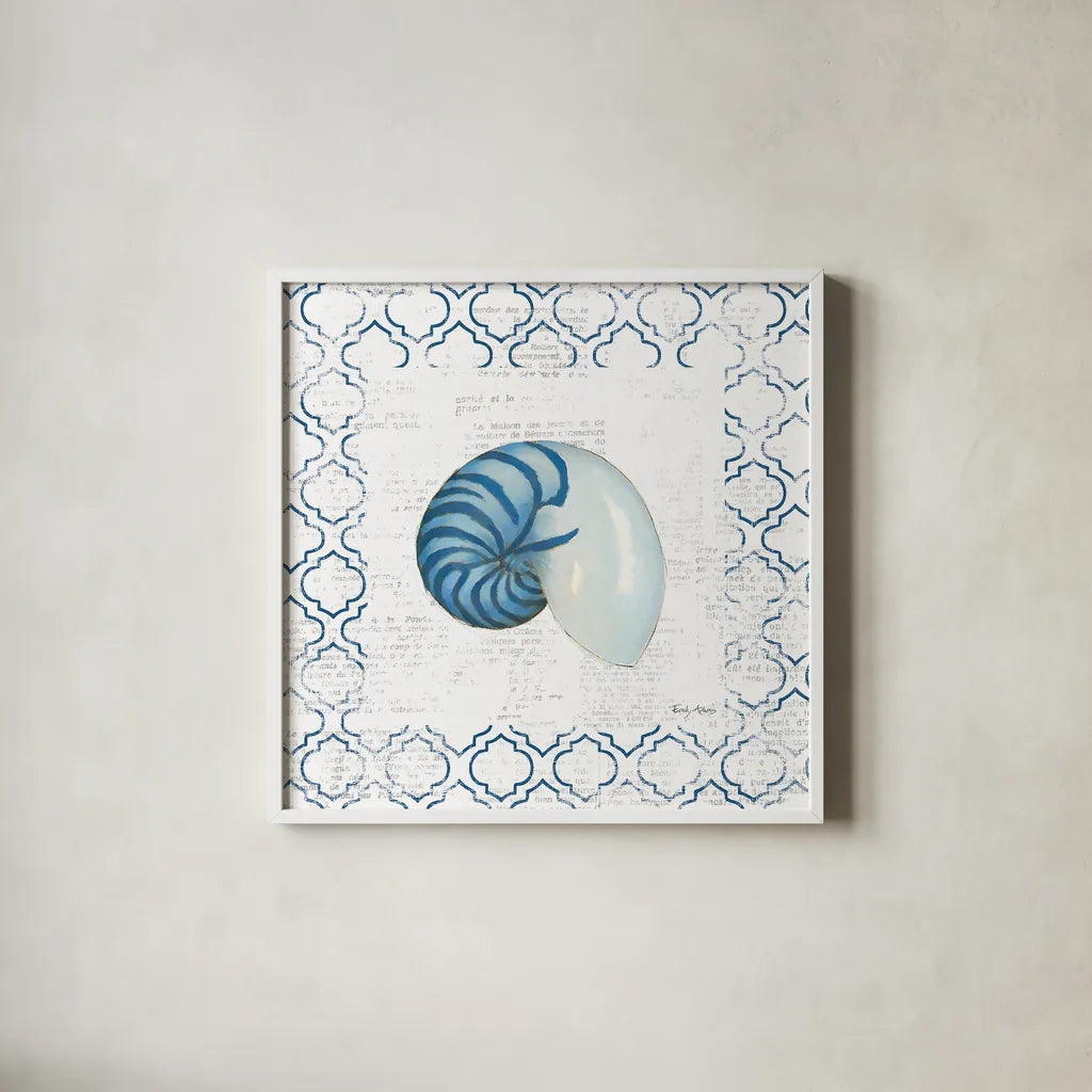 Navy Nautilus Shell on Newsprint by Emily Adams. Shown in a crisp white glass frame for a clean and minimalist style. Available as an archival giclee rolled canvas, fine art paper, or poster print. SKU 23471a.