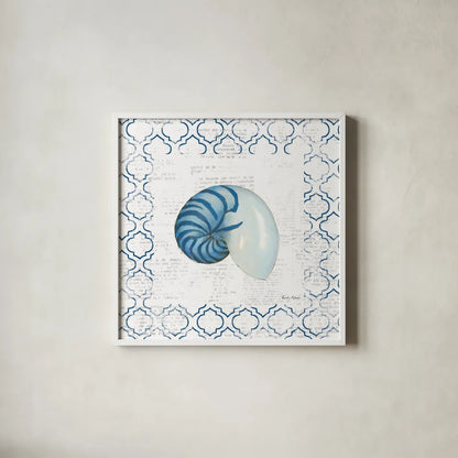 Navy Nautilus Shell on Newsprint by Emily Adams. Shown in a crisp white glass frame for a clean and minimalist style. Available as an archival giclee rolled canvas, fine art paper, or poster print. SKU 23471a.