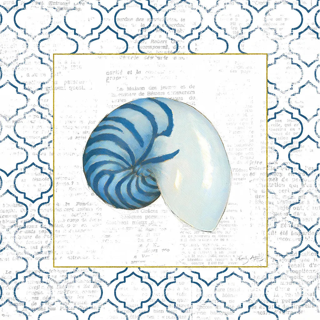 Navy Nautilus Shell on Newsprint with Gold by Emily Adams. SKU 23559a. Archival Giclee Fine art print for wall decor.