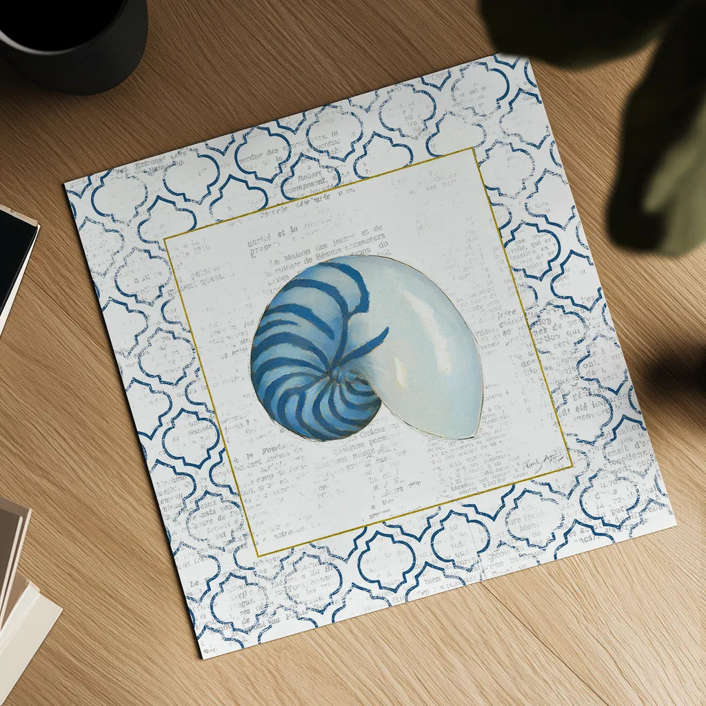 Navy Nautilus Shell on Newsprint with Gold by Emily Adams. Shown as a detailed flat fine art print, highlighting archival giclee quality. Available as an archival giclee rolled canvas, fine art paper, or poster print. SKU 23559a.