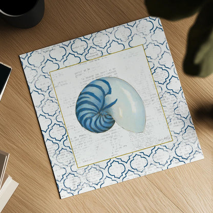 Navy Nautilus Shell on Newsprint with Gold by Emily Adams. Shown as a detailed flat fine art print, highlighting archival giclee quality. Available as an archival giclee rolled canvas, fine art paper, or poster print. SKU 23559a.